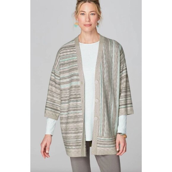 Pure J Jill Womens Plus 2X Mixed Stripes Cozy Cardigan Sweater Button Up Knit - Picture 1 of 14